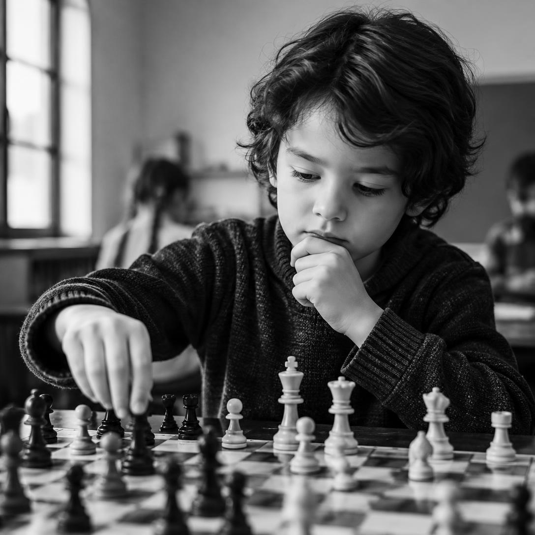 Young chess player considering a move